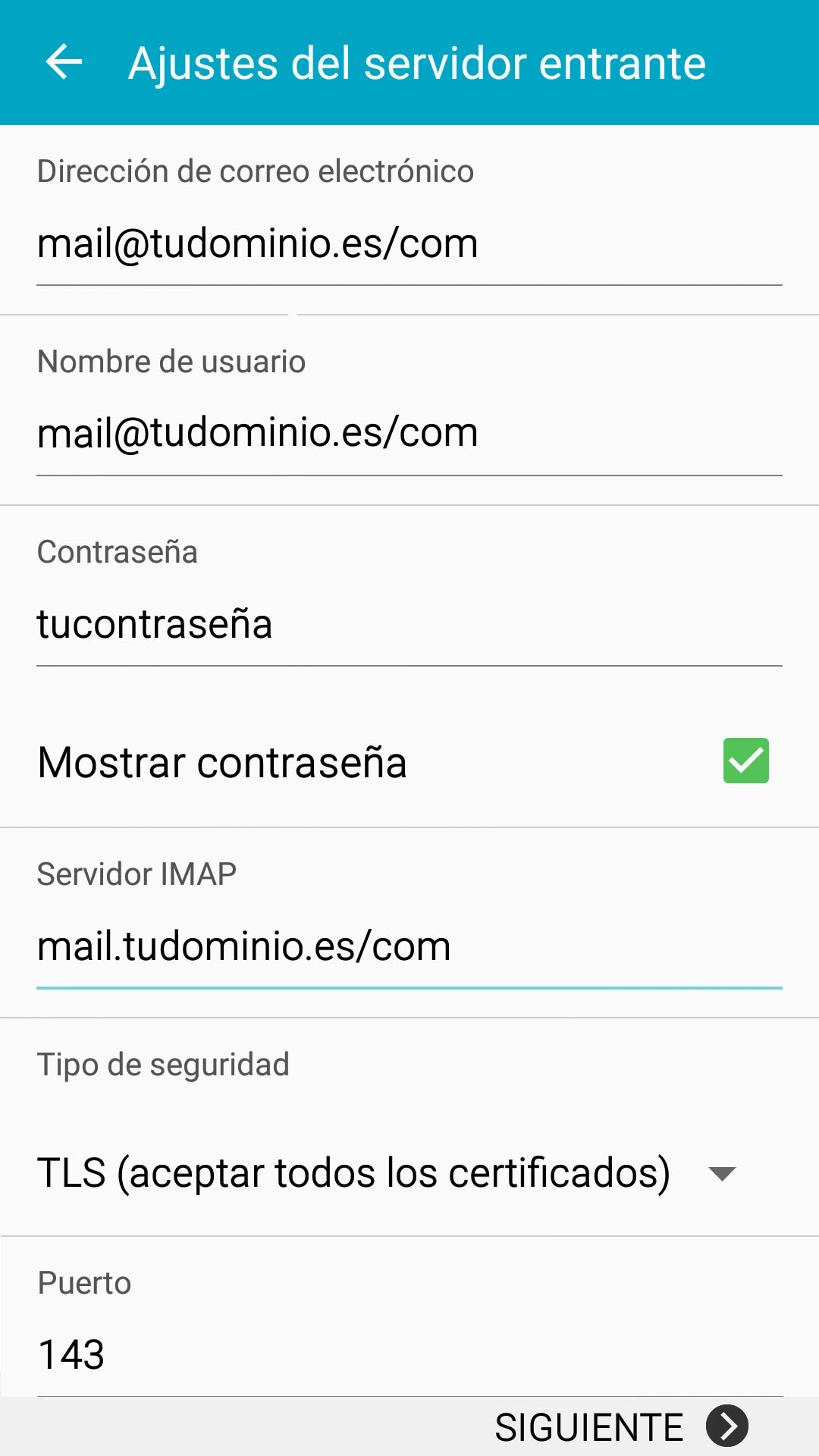 android correo servidor entrante