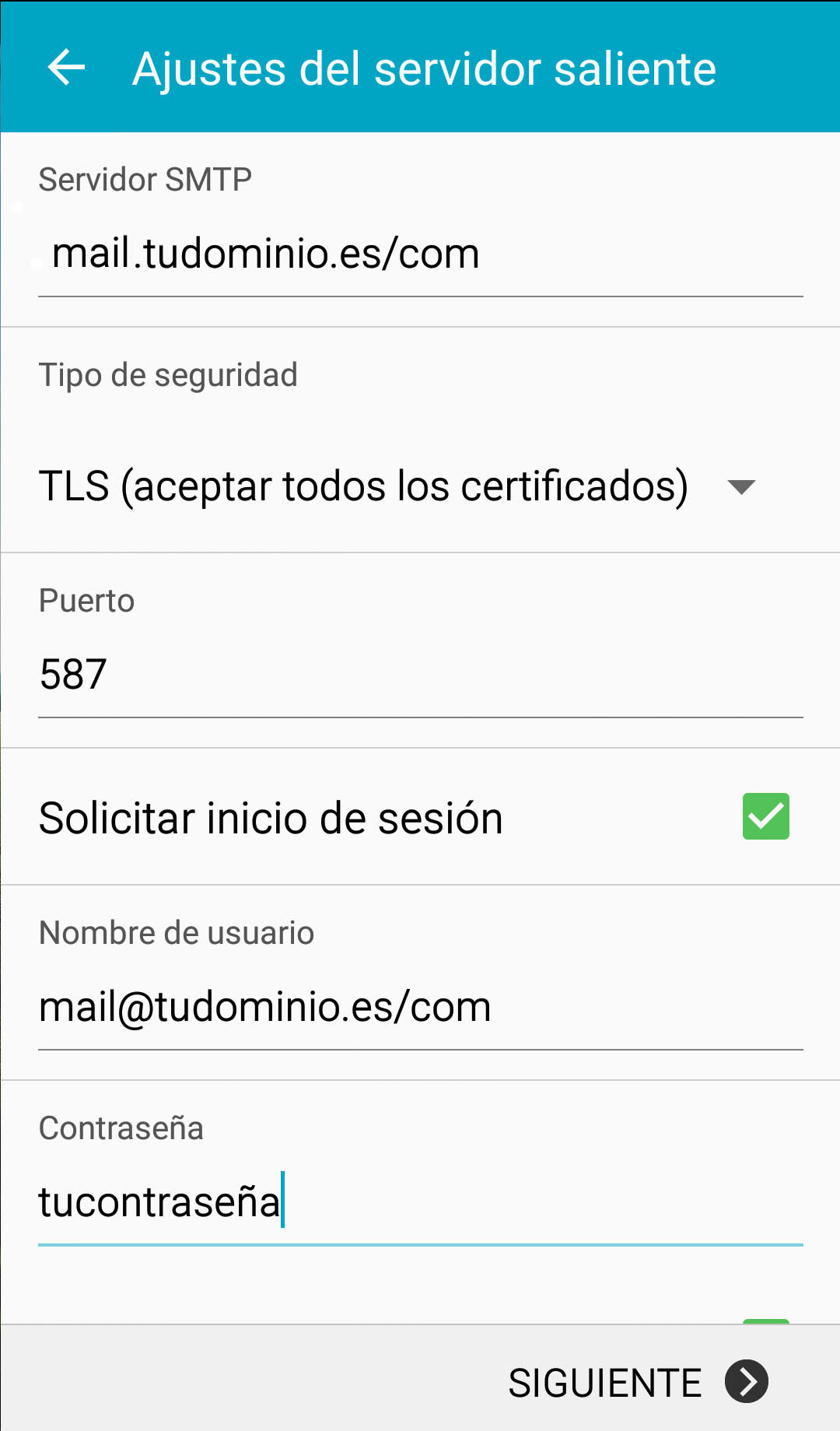 android correo servidor saliente