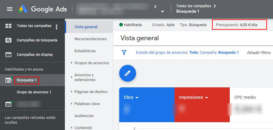 Cambiar presupuesto diario Google Ads