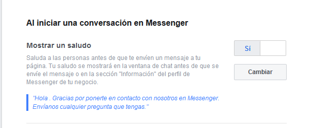 Mensaje de inicio para Messenger