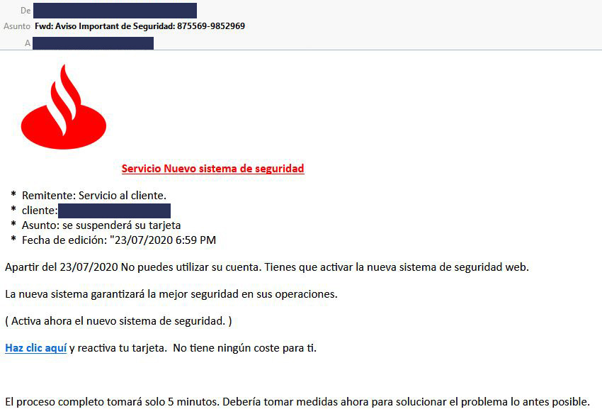 Email fraude entidad bancaria